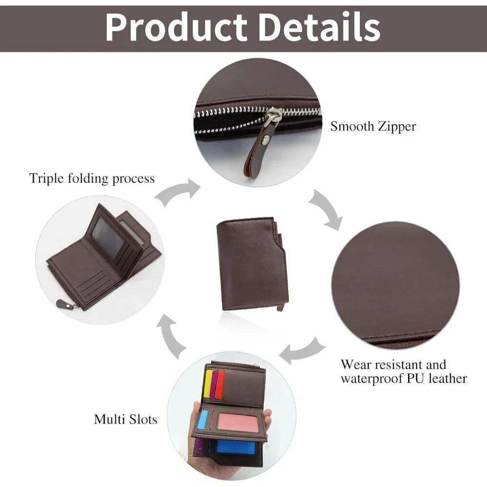 Men's Fashionable Coffee Zipper Coin Pocket Minimalist Wallet Card Designed